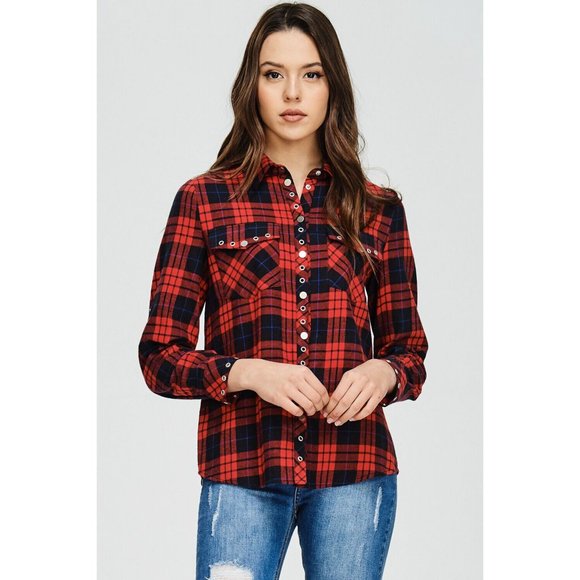 Boutique Tops - Women's Casual Plaid Shirts With Unique Metal Snap Button Super Cute & Comfy